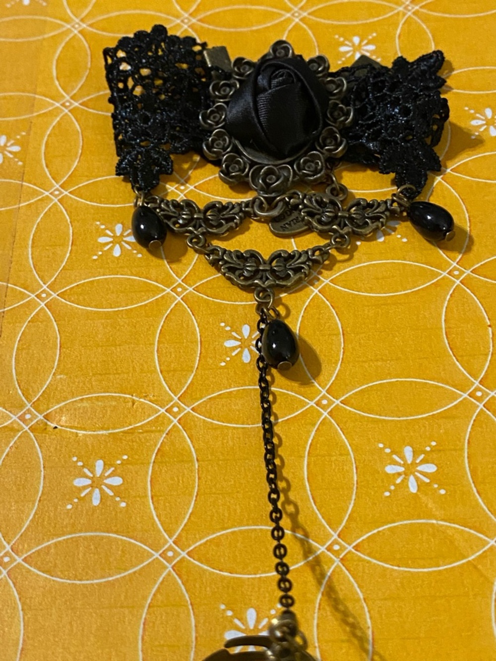 Black Lace Rose Bracelet with Connecting Ring.  Antique Brass Accents